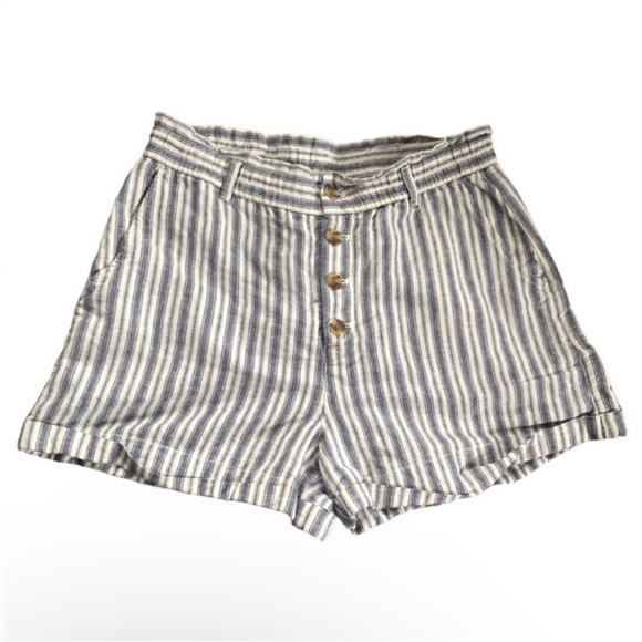 GAP Pants - GAP High-Rise Paper Bag Waist Shorts Linen Cotton Navy White Stripe Coastal 14P